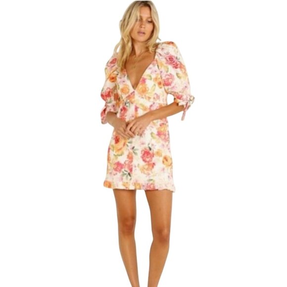 For Love & Lemons Julep Mini Dress Linen Blend Floral Deep V Size M - Picture 6 of 12